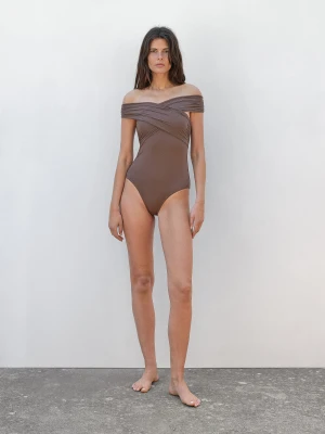 Kostium Kąpielowy Bandeau Na Skrzyżowanych Ramiączkach - Szarobrązowy - - Massimo Dutti - Kobieta