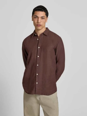 koszula casualowa o kroju slim fit z mieszanki bawełny i lnu model 'CAIDENLS SOLID' Only & Sons Ciemnobrązowy
