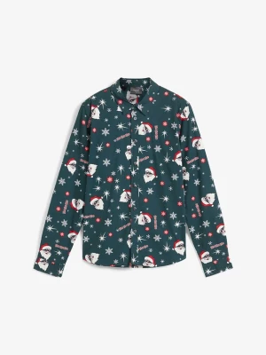 Koszula chłopięca z długim rękawem i bożonarodzenowym nadrukiem, slim fit BonPrix zielony