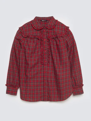 Koszula damska w kratę z ozdobnymi falbankami czerwona Frilo 000 BIG STAR