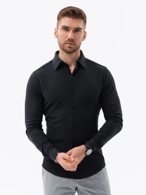 Koszula dzianinowa męska SLIM FIT z długim rękawem – czarna V4 Ombre Clothing