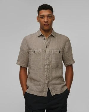Koszula Lniana Męska C.p. Company Linen Boxy Short Sleeve Shirt Khaki CP Company