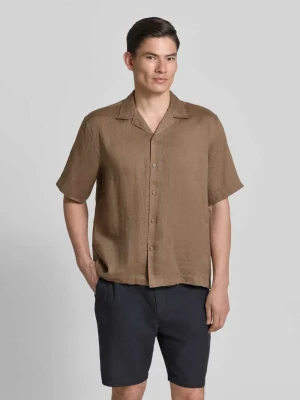 Koszula lniana o kroju relaxed fit z kołnierzem resortowym model 'KYLIAN' Selected Ciemnobrązowy