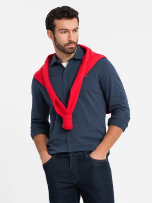 Koszula męska bawełniana REGULAR z dzianiny single jersey - granatowa V2 - Rozmiar: L Ombre Clothing