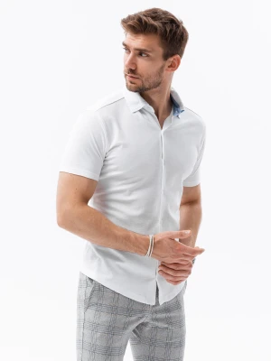 Koszula męska dzianinowa z krótkim rękawem - biała V1 - Rozmiar: XXL Ombre Clothing