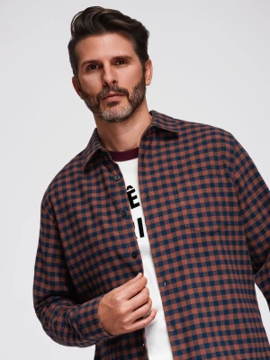 Koszula męska flanelowa w kratę - granatowo-ceglasta V6 - Rozmiar: M Ombre Clothing