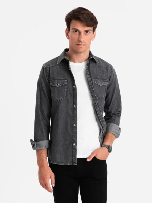 Koszula męska jeansowa na zatrzaski z kieszonkami - czarna V3 Ombre Clothing