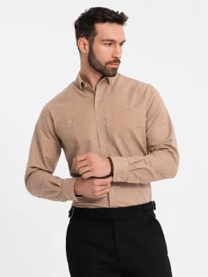 Koszula męska lniana z klasycznym kołnierzykiem i kieszeniami REGULAR FIT – jasnobrązowa V7 OM-SHCS-0134
 -                                    S Ombre