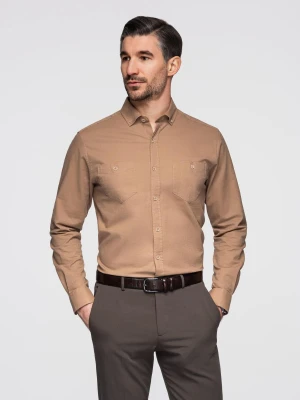 Koszula męska lniana z klasycznym kołnierzykiem i kieszeniami REGULAR FIT – jasnobrązowa V7 - Rozmiar: XL Ombre Clothing