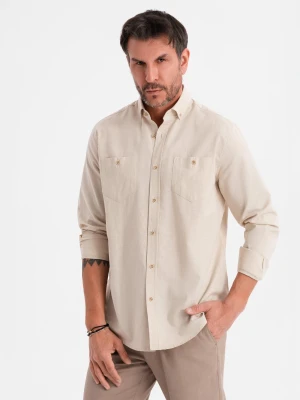 Koszula męska lniana z klasycznym kołnierzykiem i kieszeniami REGULAR FIT – kremowa V3 - Rozmiar: XL Ombre Clothing