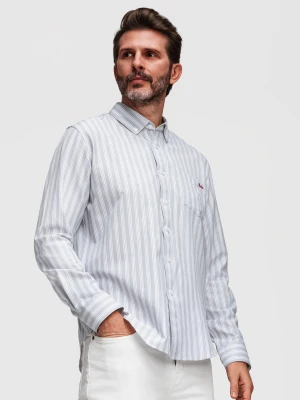 Koszula męska REGULAR FIT w białe paski z kieszonką – szara V1 Ombre Clothing
