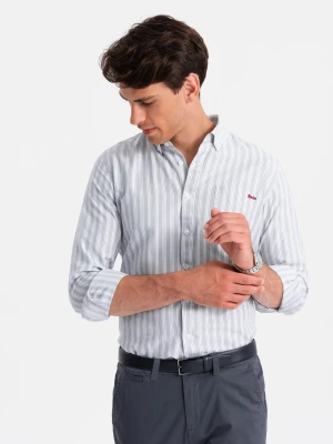 Koszula męska REGULAR FIT w białe paski z kieszonką – szara V1 - Rozmiar: M Ombre Clothing