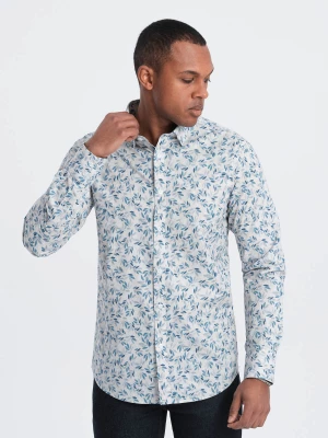 Koszula męska SLIM FIT w print gałązek - niebiesko-szara V2 OM-SHPS-0163
 -                                    L