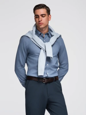 Koszula męska SLIM FIT z ozdobnej tkaniny – niebieska V1 - Rozmiar: L Ombre Clothing