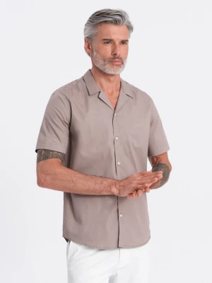 Koszula męska z krótkim rękawem i kubańskim kołnierzem - ciemnobeżowa V3 OM-SHSS-0168
 -                                    L