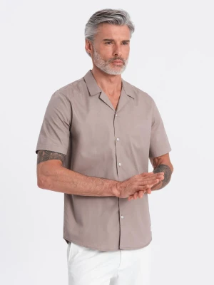 Koszula męska z krótkim rękawem i kubańskim kołnierzem - ciemnobeżowa V3 Ombre Clothing