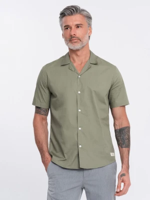 Koszula męska z krótkim rękawem i kubańskim kołnierzem - khaki V4 - Rozmiar: S Ombre Clothing