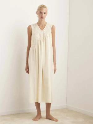 Koszula nocna z bawełny z koronką i plisami waniliowy - Kobieta - - MANGO