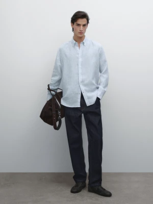 Koszula O Kroju Regular Fit W Paski Ze 100% Lnu - Błękitny - - Massimo Dutti - Mężczyzna