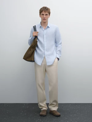 Koszula O Kroju Slim W Paski Ze 100% Lnu - Błękitny - - Massimo Dutti - Mężczyzna