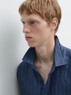 Koszula O Kroju Slim W Paski Ze 100% Lnu - Średni Niebieski - - Massimo Dutti - Mężczyzna