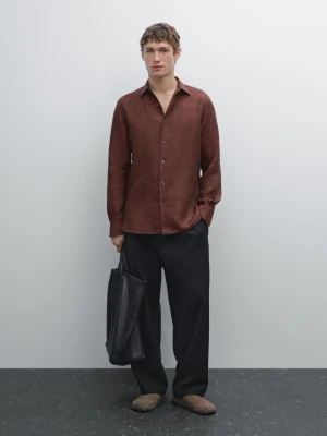 Koszula O Kroju Slim Z Efektem Sprania 100% Len - Bordowy - - Massimo Dutti - Mężczyzna