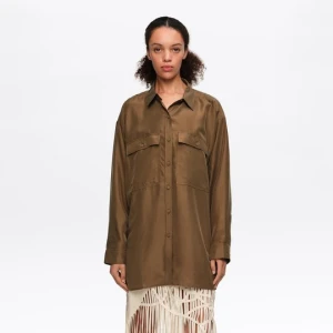 Koszula oversize jedwab oliwkowa BIMBA Y LOLA OLIVE