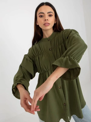 Koszula oversize khaki boho casualowa dekolt stójka rękaw długi falbana marszczenia guziki Och bella