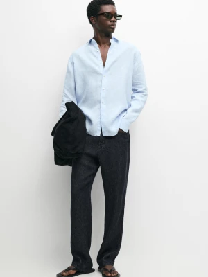 Koszula Regular Fit W Melanżowe Paski Z Lnu - Błękitny - Massimo Dutti - Male