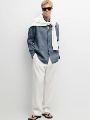 Koszula Regular Fit W Prążki Ze 100% Lnu - Granatowy - Massimo Dutti - Male