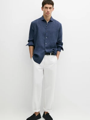 Koszula Regular Fit W Sprane Paski Ze 100% Lnu - Granatowy - Massimo Dutti - Male