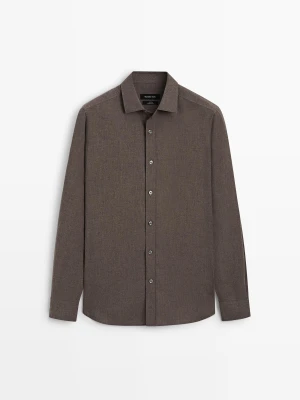 Koszula Regular Fit Z Melanżowej Bawełny O Splocie Diagonal - Szarobrązowy - Massimo Dutti - Male