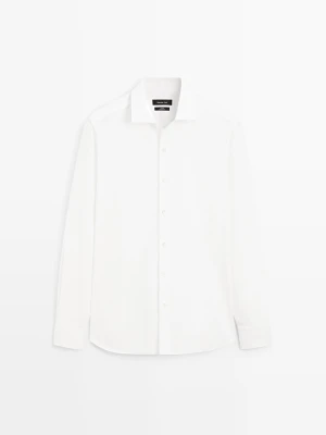 Koszula Regular Fit Z Melanżowej Bawełny O Splocie Diagonalnym - Biały - Massimo Dutti - Male