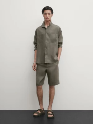 Koszula Regular Fit Ze 100% Lnu − Studio - Khaki - - Massimo Dutti - Mężczyzna