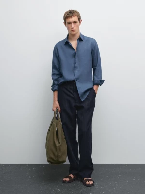 Koszula Slim Ze 100% Lnu - Błękit Królewski - - Massimo Dutti - Mężczyzna