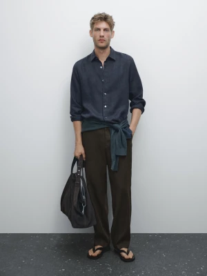 Koszula Slim Ze 100% Lnu - Granatowy - - Massimo Dutti - Mężczyzna