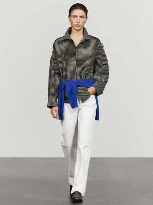 Koszula W Kratkę Ze 100% Bawełny Z Detalem Na Ramionach - Ciemnoniebieski - Massimo Dutti - Female