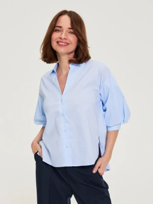 Koszula w paski z bufiastymi rękawami błękitna Moodo