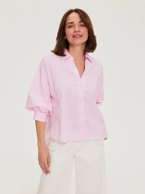 Koszula w paski z bufiastymi rękawami różowa Moodo