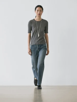 Koszula W Paski Z Krótkim Rękawem - Szary - - Massimo Dutti - Kobieta