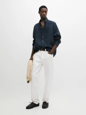 Koszula W Paski Ze 100% Lnu Z Kołnierzykiem Na Guziki - Granatowy - - Massimo Dutti - Mężczyzna