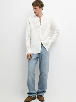 Koszula W Paski Ze 100% Lnu Ze Stójką Z Zapięciem - Piaskowy - Massimo Dutti - Male
