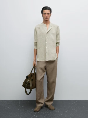Koszula W Paski Ze 100% Lnu Ze Stójką - Zielony - - Massimo Dutti - Mężczyzna