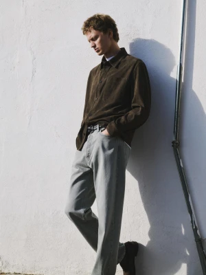 Koszula Wierzchnia Z Zamszowej Skóry - Ciemnoszary - - Massimo Dutti - Mężczyzna