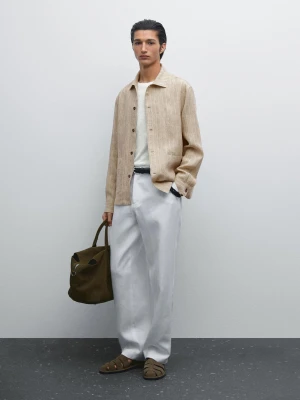 Koszula Wierzchnia Ze 100% Lnu W Paski - Beżowy - - Massimo Dutti - Mężczyzna