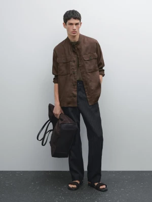 Koszula Wierzchnia Ze 100% Lnu Ze Stójką - Bordowy - - Massimo Dutti - Mężczyzna