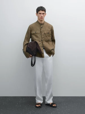 Koszula Wierzchnia Ze 100% Lnu Ze Stójką - Oliwkowy - - Massimo Dutti - Mężczyzna
