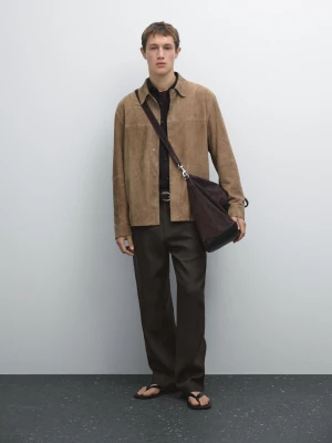 Koszula Wierzchnia Ze Skóry Zamszowej - Norkowy - - Massimo Dutti - Mężczyzna