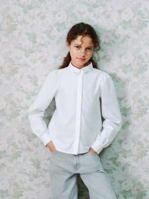 Koszula z bawełny z koralikami biały - Dzieci - - MANGO KIDS