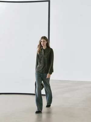 Koszula Z Cienkimi Plisami I Stójką - Zielony - - Massimo Dutti - Kobieta